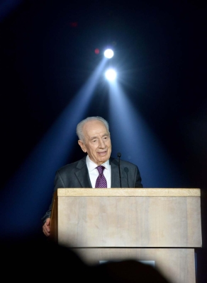 President Shimon Peres speaks at the Peres Academic Center in Rehovot, on the occasion of his 90th birthday. (Credit: Mark Neyman)